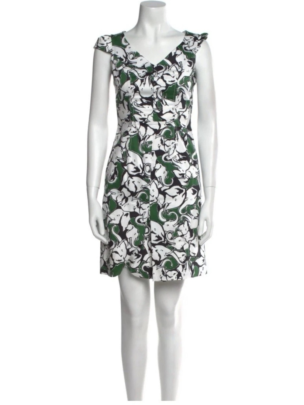 Carolina Herrera Archive Elephant Print Green & White Printed V-Neck Dress